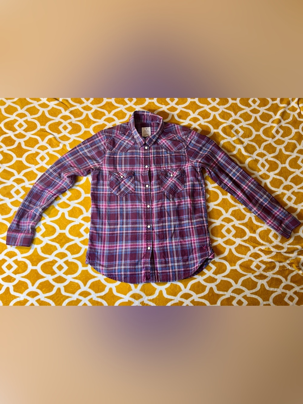 American Eagle Outfitters Pink and Blue Plaid Button-Down Shirt